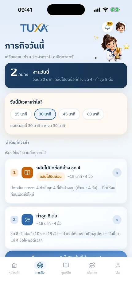 จอภารกิจวันนี้ของ TUXA บอกว่าวันนี้ควรทำอะไรก่อนและใช้เวลากี่นาที